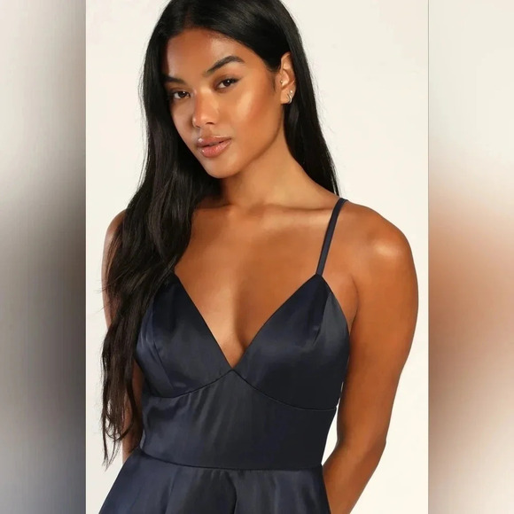 Lulus Going with Elegance Navy Blue Satin Tiered Gown Wedding Party Guest Formal - Picture 4 of 11